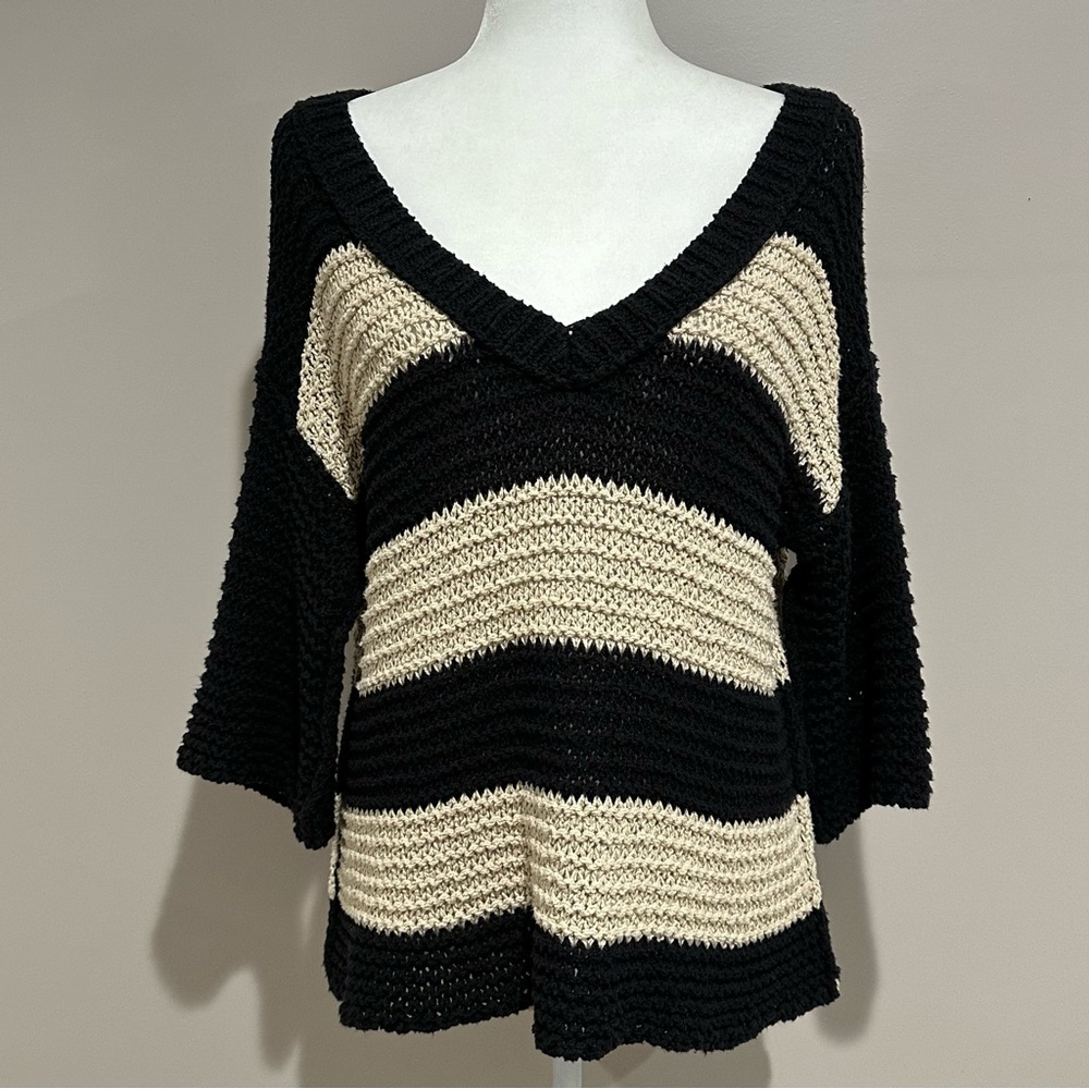 Free People Striped V-Neck 3/4 Sleeve Sweater